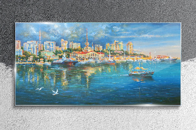 Ships sea port city Glass Wall Art