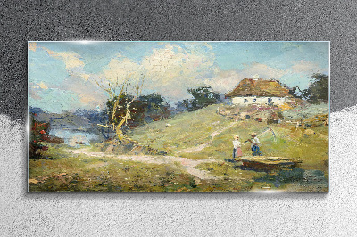 Rural Scenery with Fishermen Wall art on glass