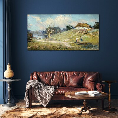 Rural Scenery with Fishermen Wall art on glass
