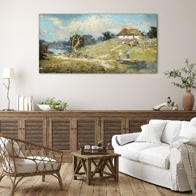 Rural Scenery with Fishermen Wall art on glass