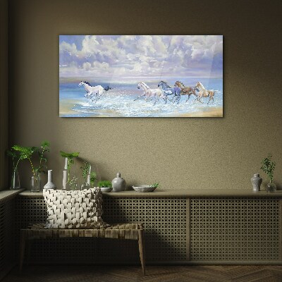 Painting horses coast Glass Wall Art