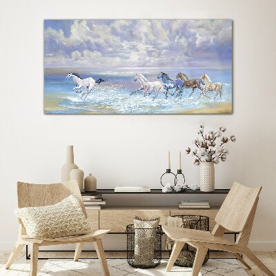 Painting horses coast Glass Wall Art