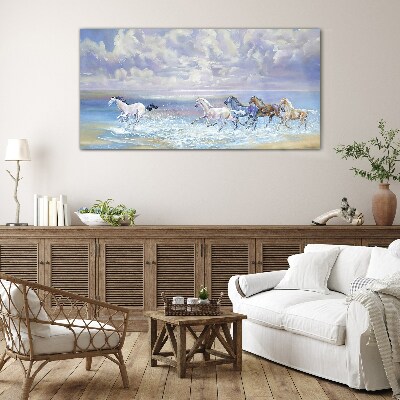 Painting horses coast Glass Wall Art