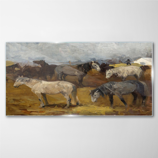 Pastoral landscape with horses Wall art on glass