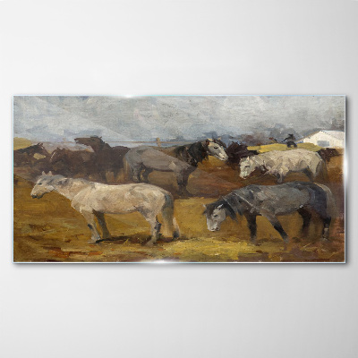 Pastoral landscape with horses Wall art on glass