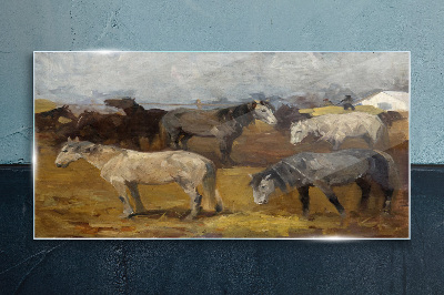 Pastoral landscape with horses Wall art on glass