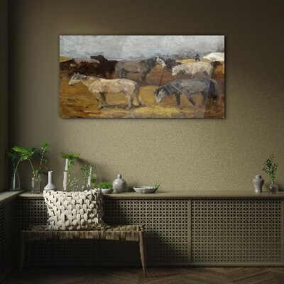 Pastoral landscape with horses Wall art on glass