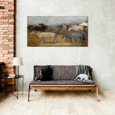 Pastoral landscape with horses Wall art on glass