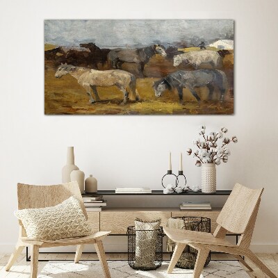 Pastoral landscape with horses Wall art on glass