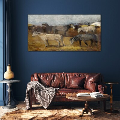 Pastoral landscape with horses Wall art on glass