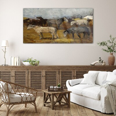Pastoral landscape with horses Wall art on glass