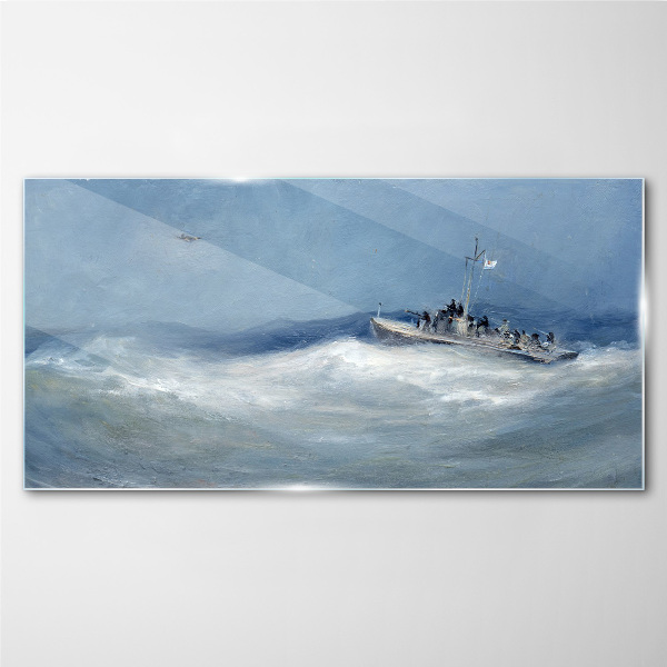 Stormy sea with a boat Glass art print