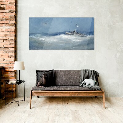 Stormy sea with a boat Glass art print