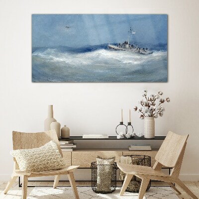 Stormy sea with a boat Glass art print