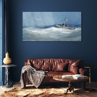 Stormy sea with a boat Glass art print