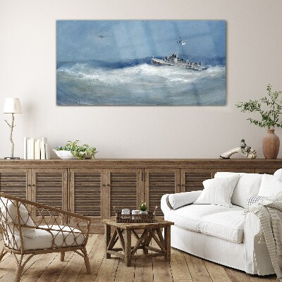 Stormy sea with a boat Glass art print