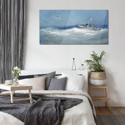 Stormy sea with a boat Glass art print