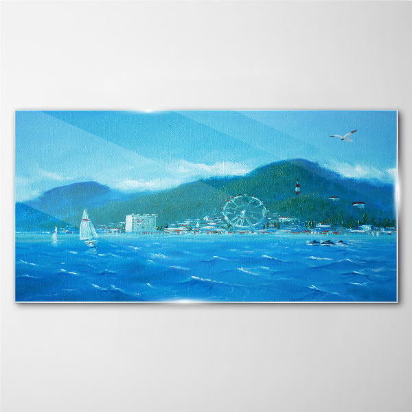 Seaside landscape with an amusement park Wall art on glass