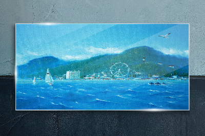 Seaside landscape with an amusement park Wall art on glass