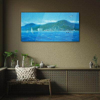 Seaside landscape with an amusement park Wall art on glass