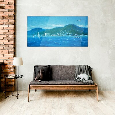 Seaside landscape with an amusement park Wall art on glass