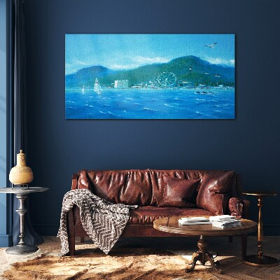 Seaside landscape with an amusement park Wall art on glass