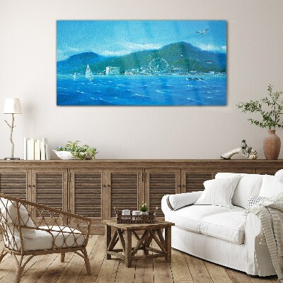 Seaside landscape with an amusement park Wall art on glass
