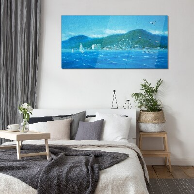Seaside landscape with an amusement park Wall art on glass