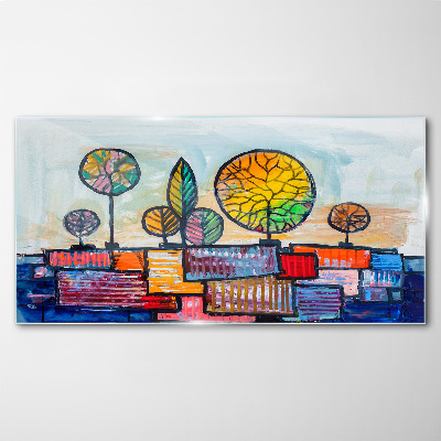 Colorful trees in an abstract landscape Glass art print