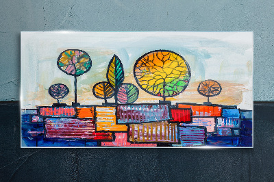 Colorful trees in an abstract landscape Glass art print