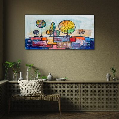 Colorful trees in an abstract landscape Glass art print