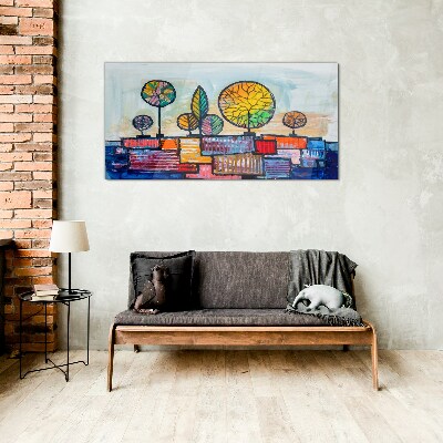 Colorful trees in an abstract landscape Glass art print