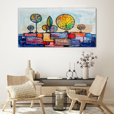 Colorful trees in an abstract landscape Glass art print