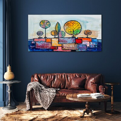 Colorful trees in an abstract landscape Glass art print