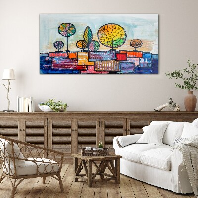 Colorful trees in an abstract landscape Glass art print