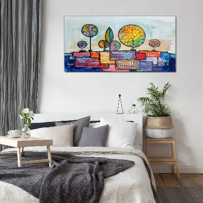 Colorful trees in an abstract landscape Glass art print