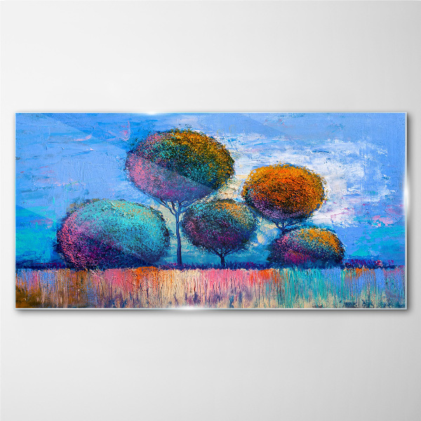 Colorful trees on a blue background Glass art print