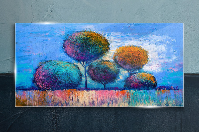 Colorful trees on a blue background Glass art print