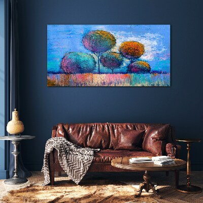 Colorful trees on a blue background Glass art print