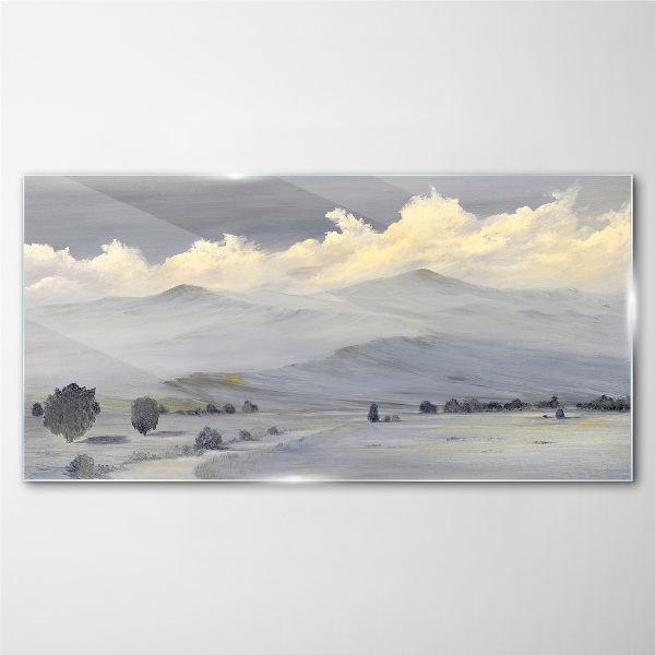 Painting winter mountains clouds Glass Print