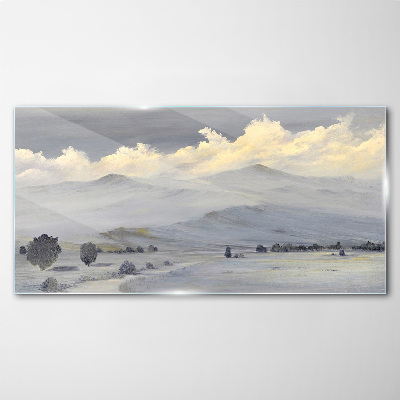 Painting winter mountains clouds Glass Print