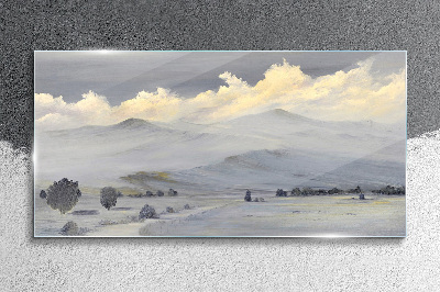 Painting winter mountains clouds Glass Print