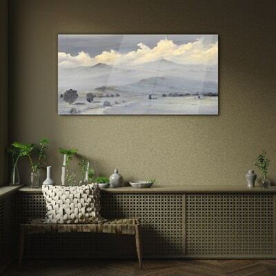 Misty mountain panorama Wall art on glass
