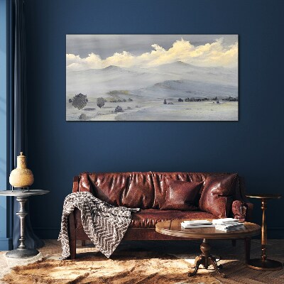 Misty mountain panorama Wall art on glass