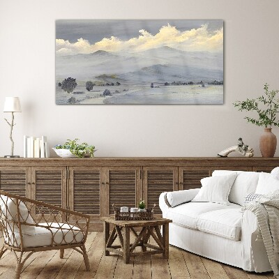 Misty mountain panorama Wall art on glass