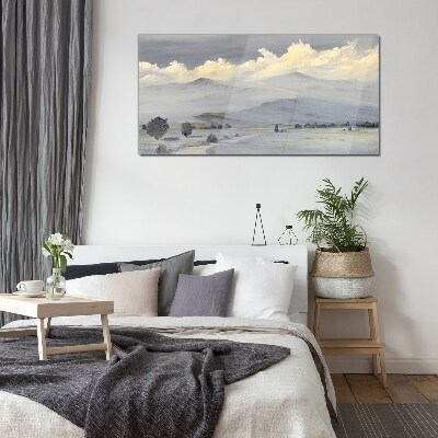 Misty mountain panorama Wall art on glass