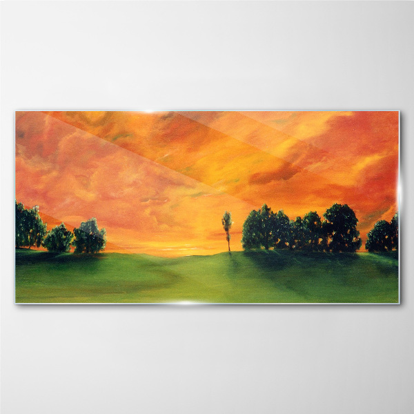 Sunset over the green hill Wall art on glass