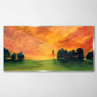 Sunset over the green hill Wall art on glass