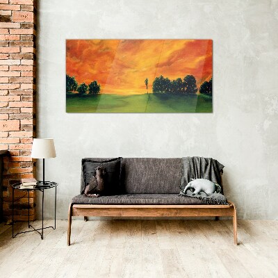 Sunset over the green hill Wall art on glass