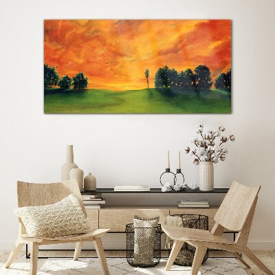 Sunset over the green hill Wall art on glass
